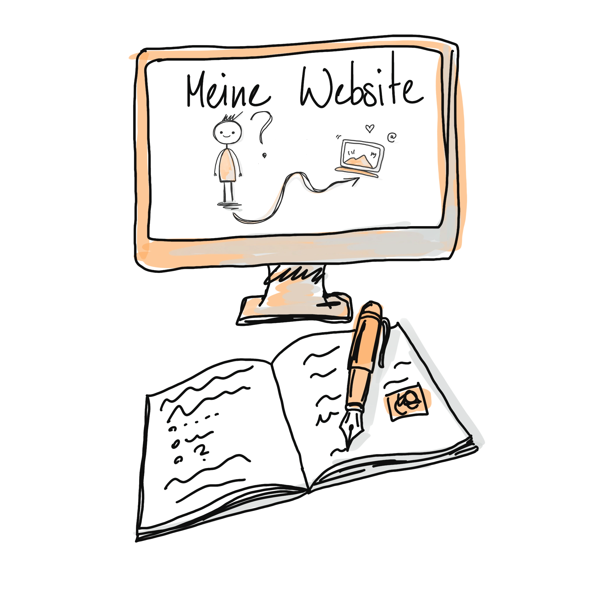 Website KI Optimieren Computer mit meiner Website, davor ein Notizbuch und ein Stift